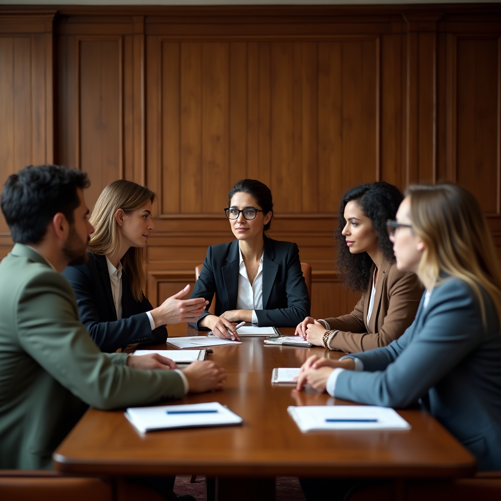 Grupo en una sesión de consultoría alrededor de una mesa de madera